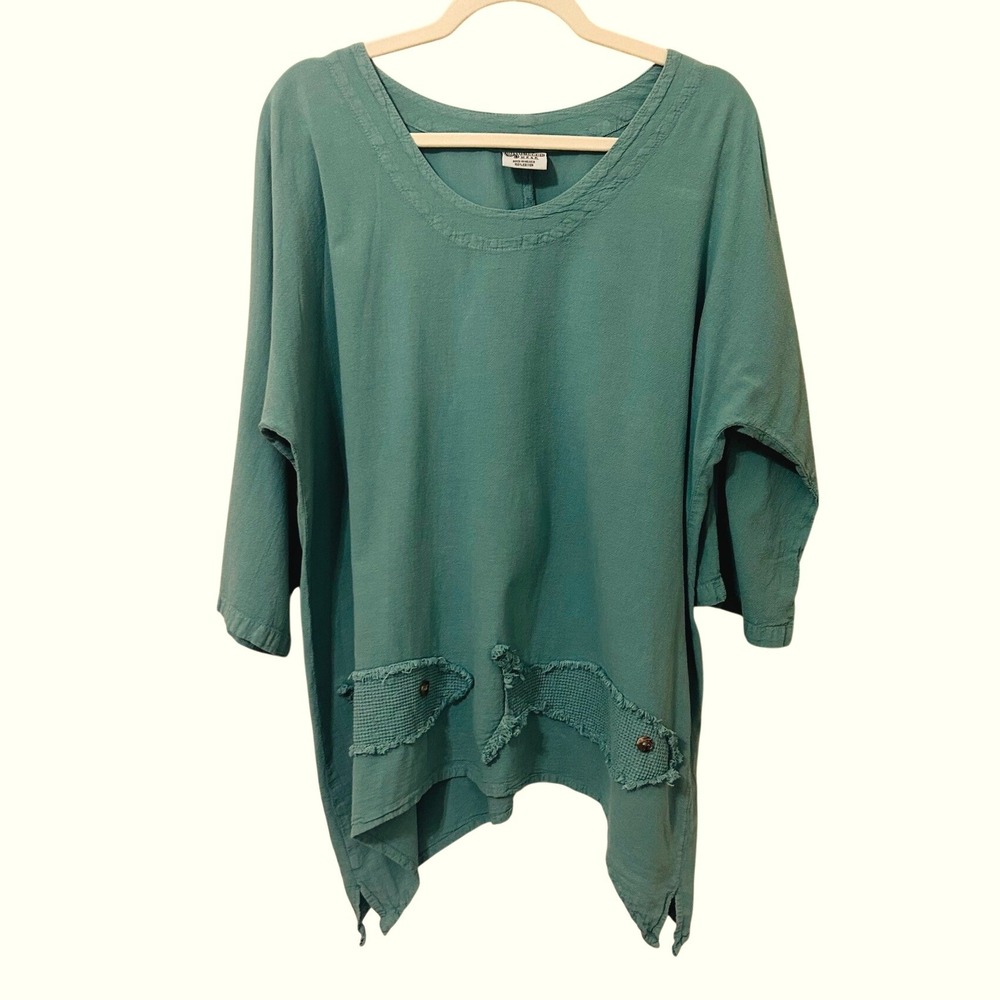 Cottonseed Wear Mixed Media Size M/L Relaxed Gauze Tunic Top Fish Art to Wear